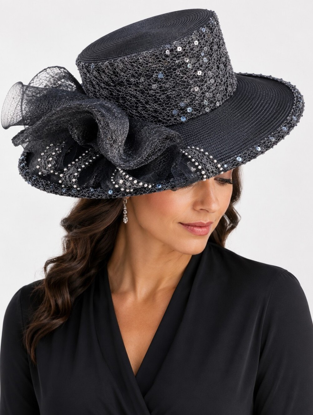 Dione Gray Sequin Wide Brim Statement Hat NWT